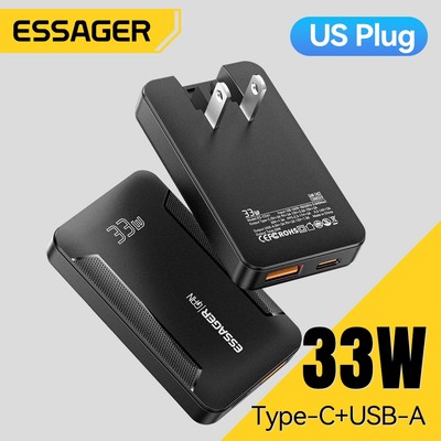 Essager 33W / 65W GAN Loại sạc nhanh c + USB A Bộ sạc siêu mỏng Chip nhận dạng thông minh