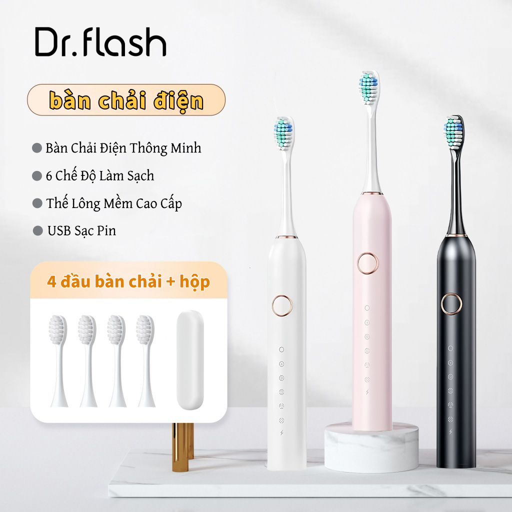 Dr.flash Bàn Chải Điện  - Máy đánh răng sóng âm công nghệ Đức - Tặng kèm 4 đầu thay thế