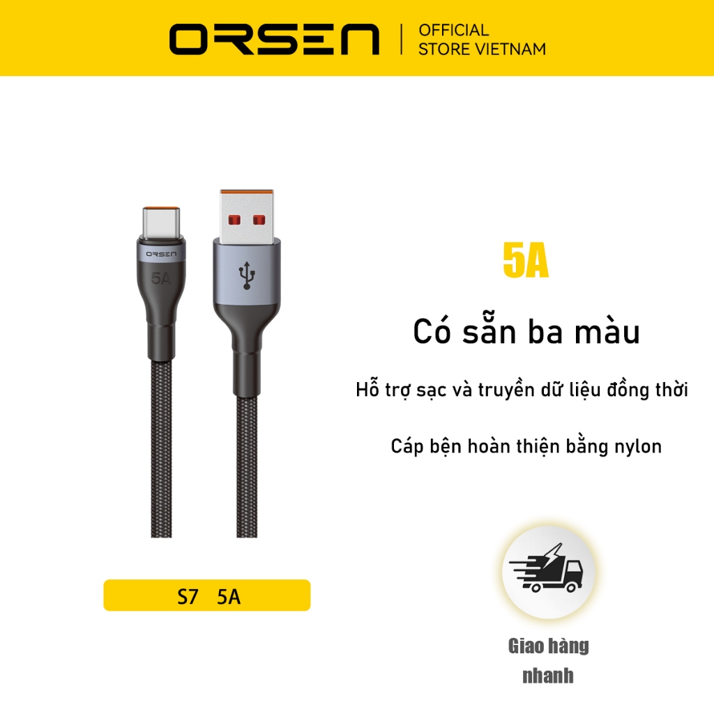 Cáp sạc nhanh Orsen S7 Type C 5A dài 1 mét hỗ trợ truyền dữ liệu chất liệu bện nylon