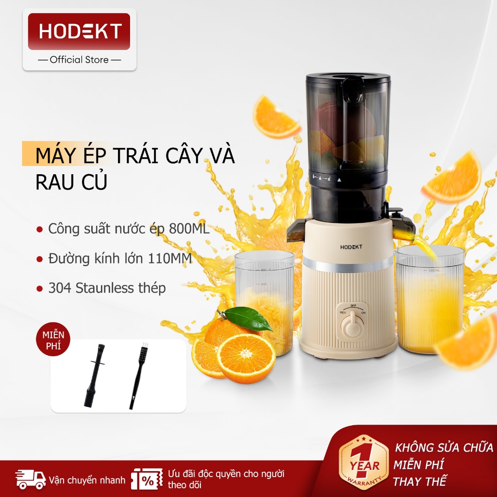Máy Ép Trái Cây Tốc Độ Chậm HODEKT Máng Lớn 110mm Ép Nguyên Trái Thiết Kế Tách Bã Tự Động Vận Hành Êm Ái