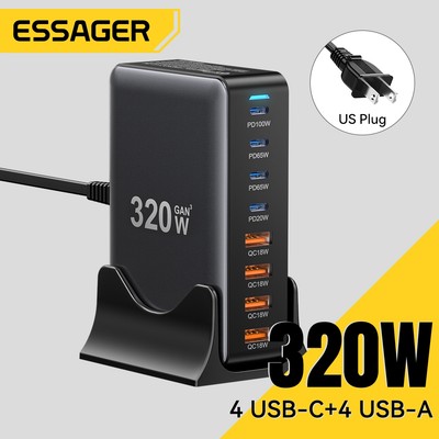 Bộ sạc nhanh Essager 320W USB A + Type-C Bộ sạc 8 cổng cho máy tính xách tay / máy tính bảng / Android / iPh