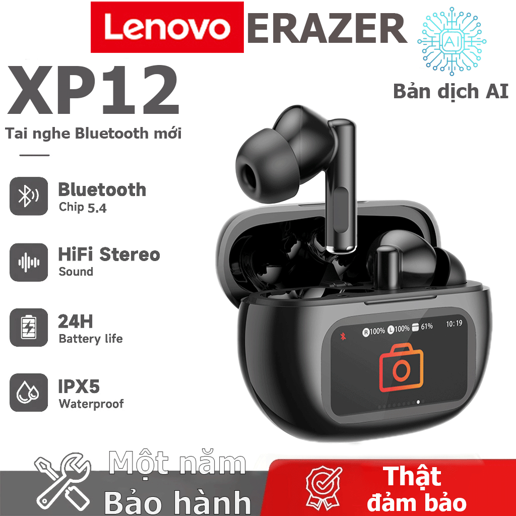 Tai nghe dịch thuật Lenovo ERAZER XP12 AI Tai nghe không dây LED Bluetooth 6.0 AI Tai nghe dịch thuật thời gian thực IPX7 Tai nghe nhét tai chống nước Chất lượng âm thanh HIFI