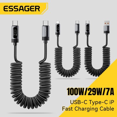 Essager 60W / 100W / 7A Màn hình nguồn kỹ thuật số Cáp sạc lò xo Loại C / IP Cáp dữ liệu sạc xe hơi