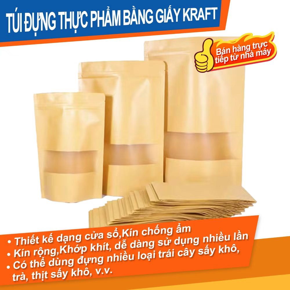 100 Túi dây kéo thực phẩm bằng giấy Kraft có đế đứng Thiết kế cửa sổ Túi dây kéo giấy kraft