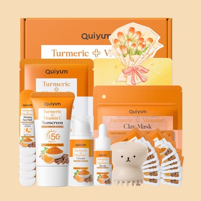 QUIYUM Turmeric & Vitamin C Glow Kit - Bộ mặt làm sáng da 5 trong 1 kèm mặt nạ ngủ, Serum, kem & kem chống nắng