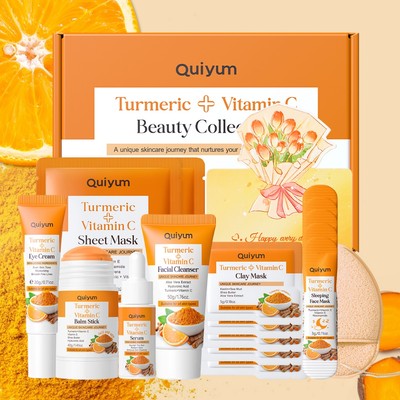 [Bộ tất cả trong một] QUIYUM Turmeric Vitamin C Collection 7 trong 1 - Chống xỉn màu bằng nước rửa mặt, que dưỡng ẩm & mặt nạ đất sét