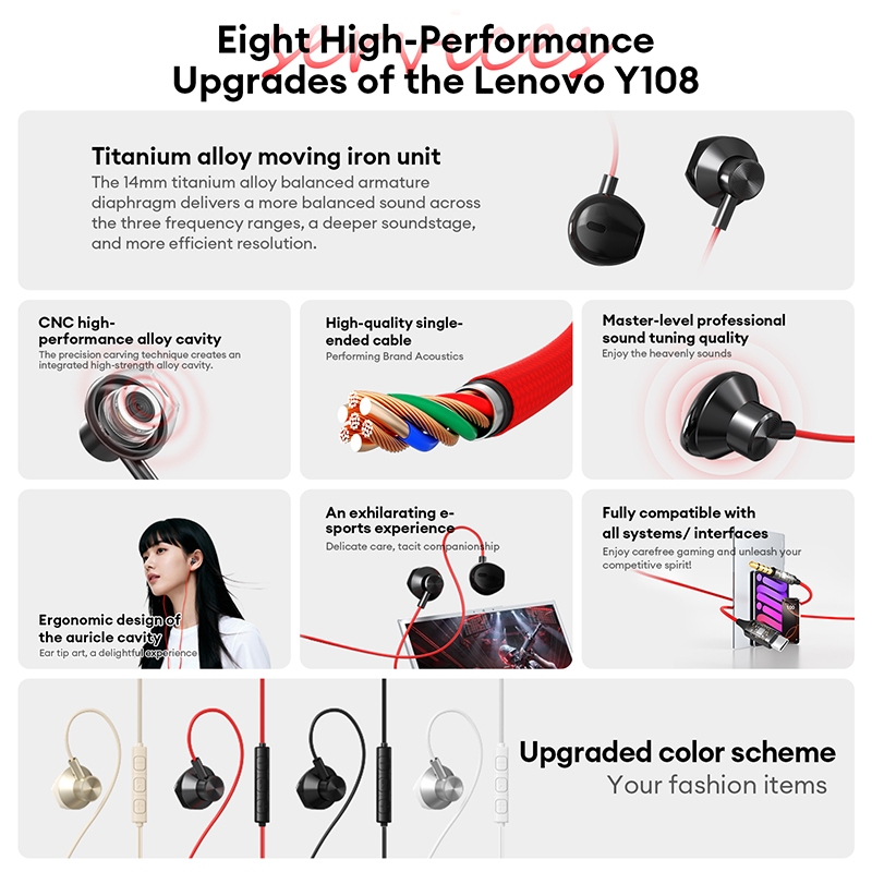 Tai nghe có dây Lenovo Y108 và Y108 Pro và tai nghe nhét tai với trình điều khiển titan 14mm và thân kim loại CNC cộng với micrô HD | BigBuy360 - bigbuy360.vn