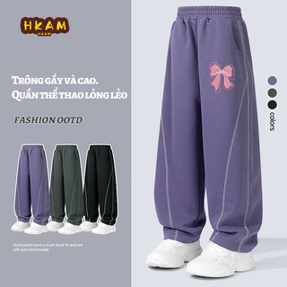 HKAM Quần thể thao Bé Gái Quần thường ngày mùa xuân thu, dáng rộng sành điệu, in nơ