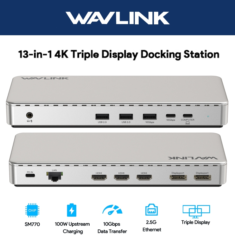 WAVLINK USB C Triple Display Docking Station 4K @ 60Hz Bộ chuyển đổi HDMI / DisplayPort với Chip sạc