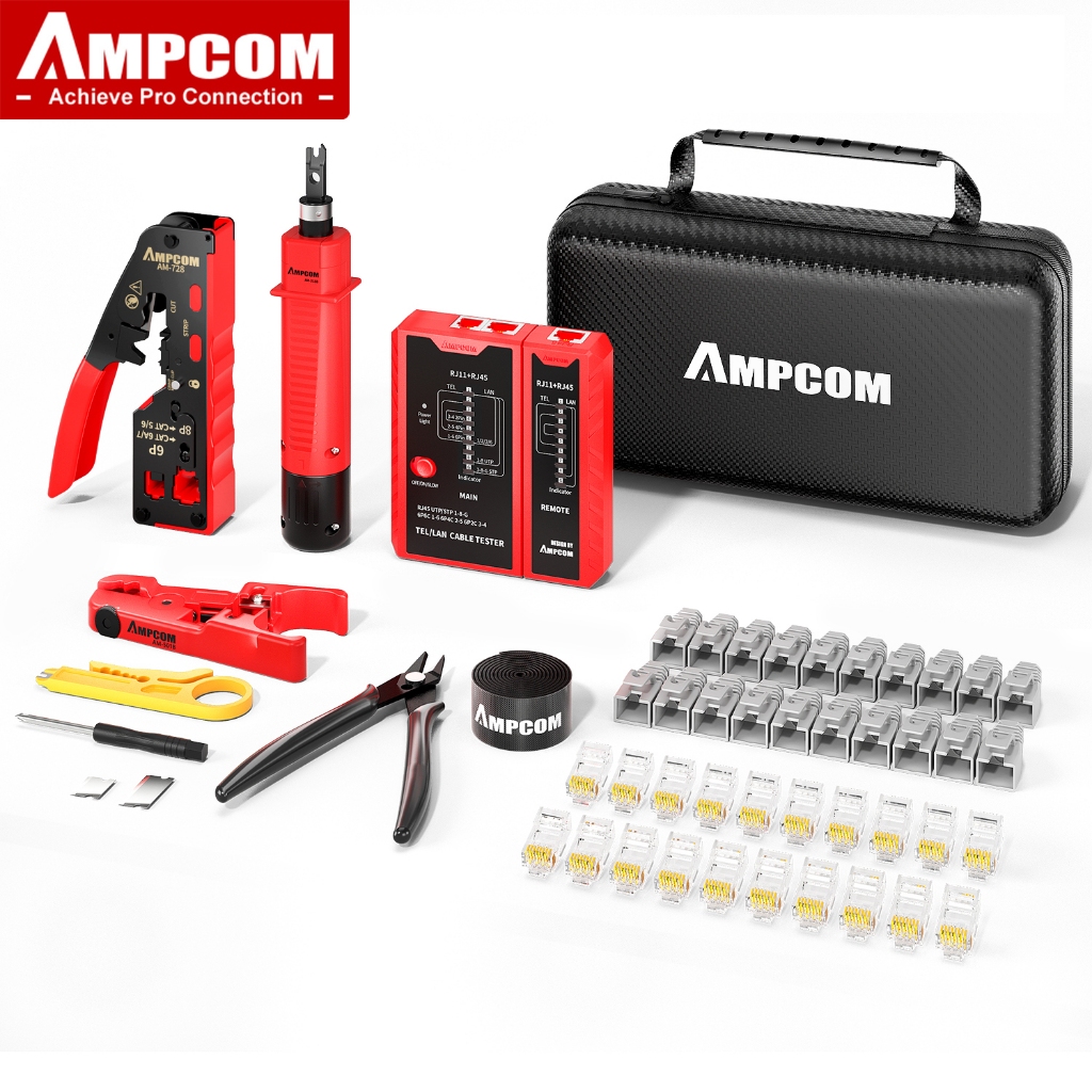 Ampcom RJ45 Pass Through Crimping Network Tool Kit cho Cat5e Cat6 Cat7 với dây thoát y / Punch Down 