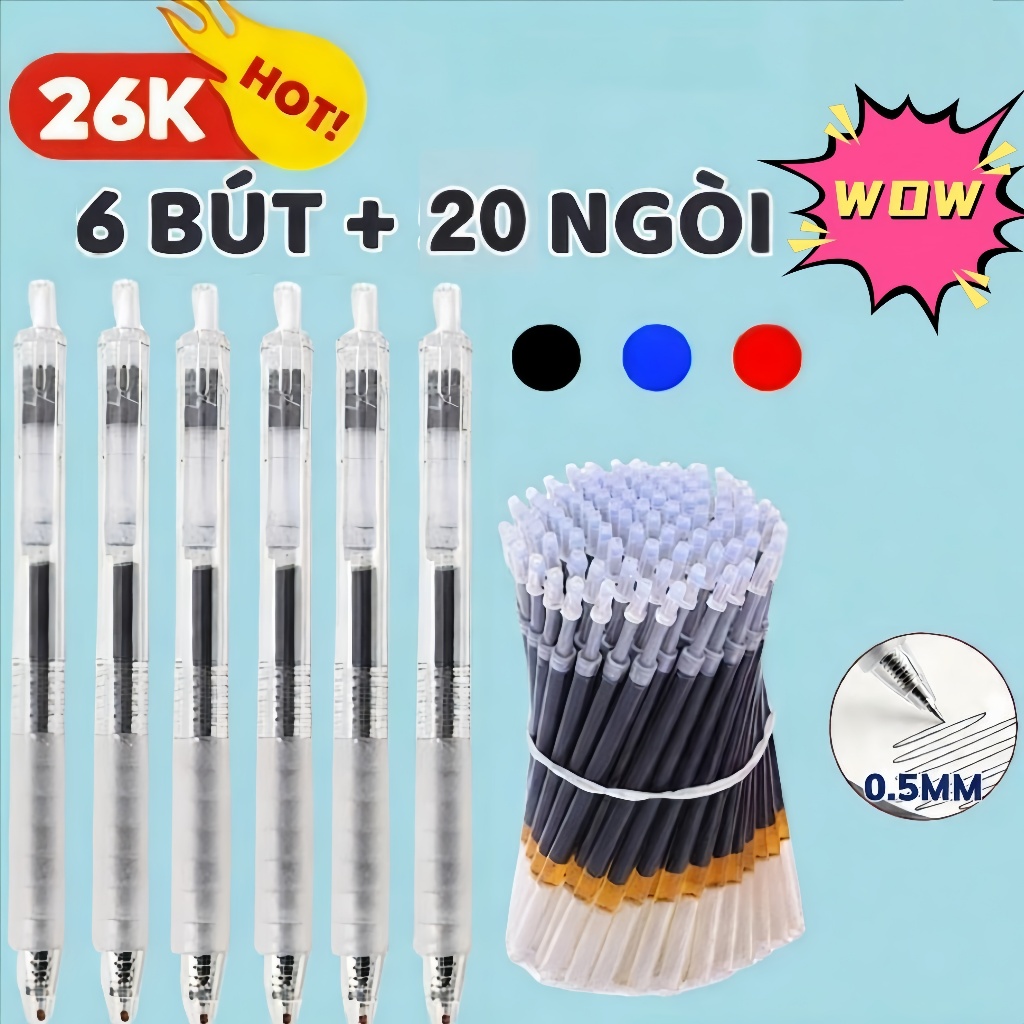 [6 bút + 20 ngòi]Bút Gel Có Thể Thu Vào Trong Suốt ST Đầu Đen / Xanh / Đỏ Mực Viết Văn Phòng 0.5 mm Có Thể Thay Thế Nạp Đồ Dùng Học Tập Bút Thi