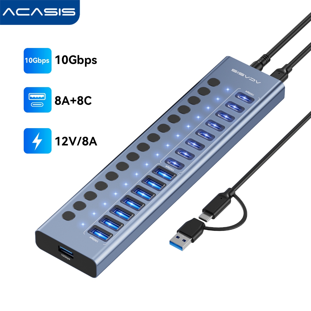 ACASIS 10Gpbs USB3.1Hub 16Port 10Gpbs 8 * USB-A3.1 Và 8 * Type c 3.1 HUB Hỗ trợ sạc BC1.2 với bộ chu