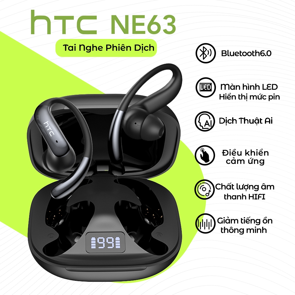 HTC NE63 AI   Tai nghe không dây dịch Bluetooth 6.0 thời gian thực thông minh có màn hình LED Tai nghe doanh nghiệp Tai nghe âm thanh nổi 3D có Mic Hifi Music IPX6 Tai nghe thể thao chống nước