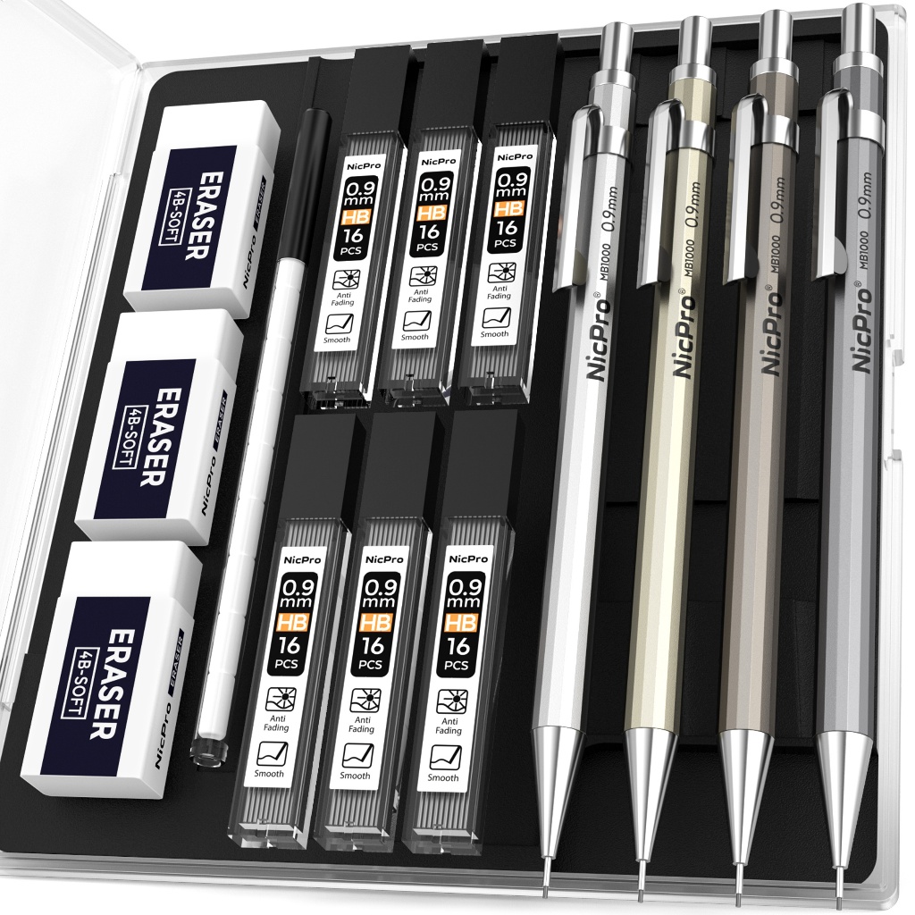 Nicpro 4 Gói Kim Loại Bút Chì Cơ 0.9mm, MB1000 Chì Soạn Thảo 0.9mm Với 6 Ống HB #2 Nạp chì, Tẩy 3 CÁ