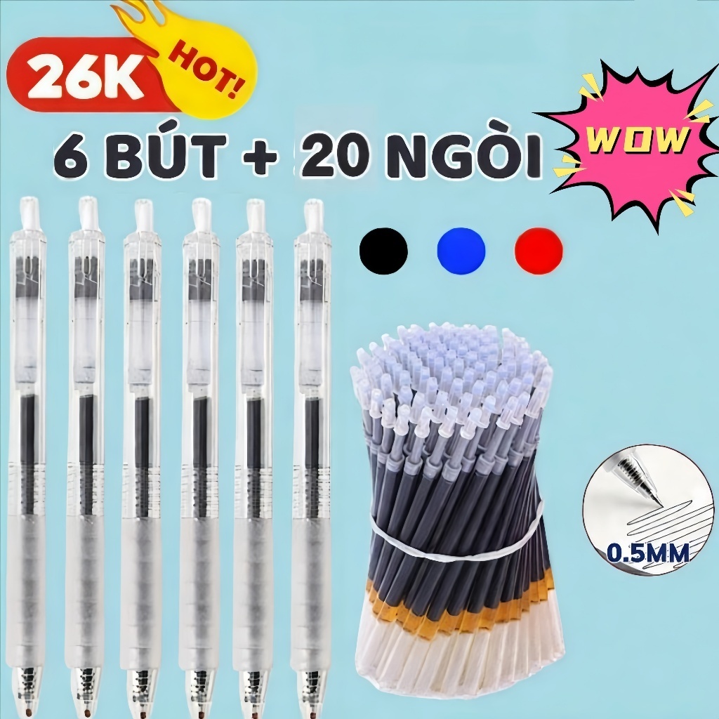 [6 bút + 20 ngòi]Bút Gel Có Thể Thu Vào Trong Suốt ST Đầu Đen / Xanh / Đỏ Mực Viết Văn Phòng 0.5 mm Có Thể Thay Thế Nạp Đồ Dùng Học Tập Bút Thi