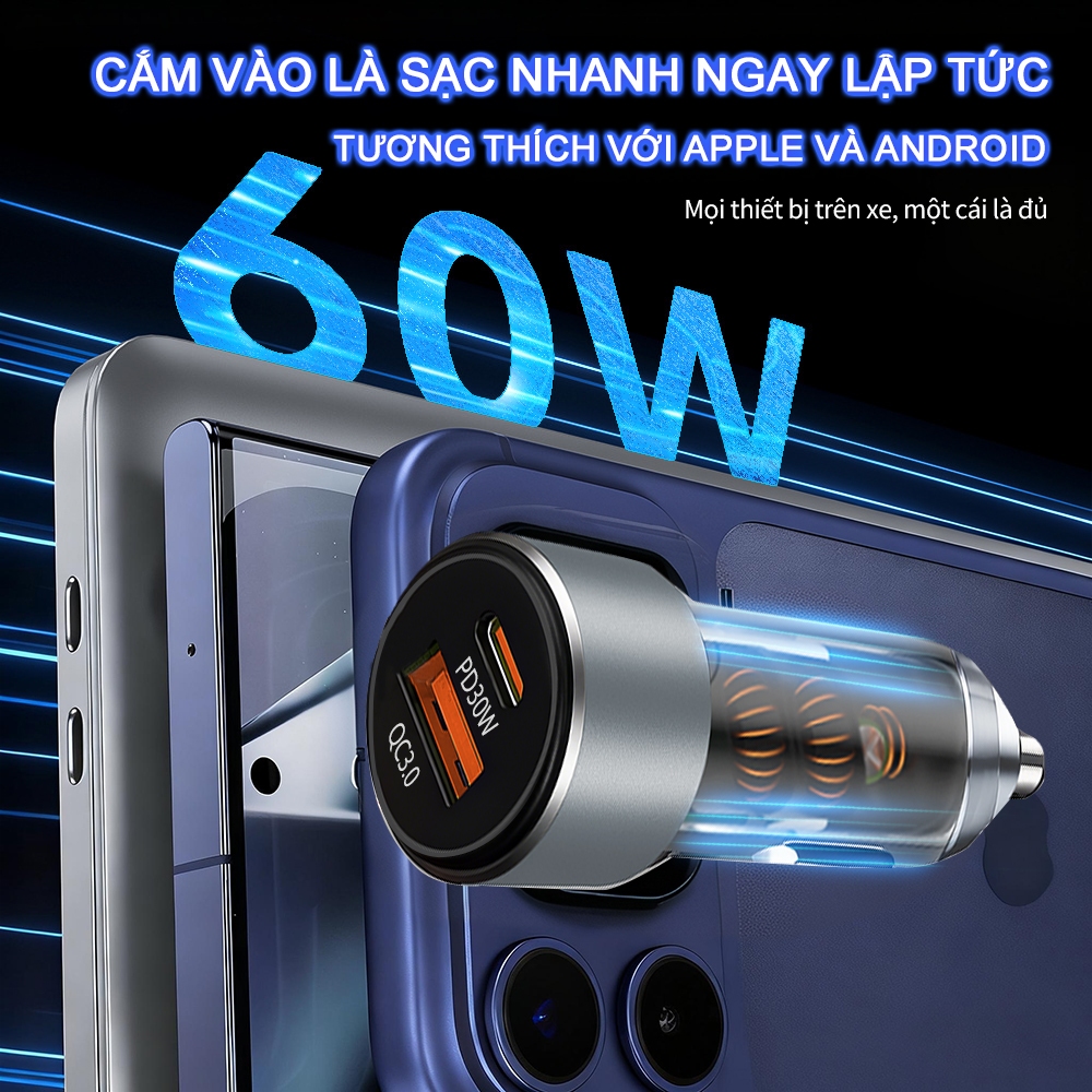 Củ Sạc Ô Tô 60W Siêu Nhanh - 2 Cổng USB & Type C - Tương thích iPhone, Samsung