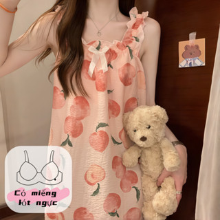  【CÓ SẴN ĐỆM NGỰC Đầm ngủ nữ kiểu Xuân Thu - thiết kế hai dây họa tiết dễ thương có đệm ngực dáng đầm dài không tay chất liệu mềm mại thoải mái. 