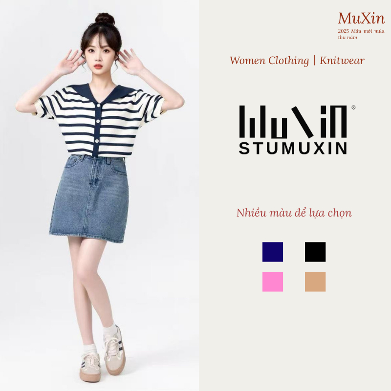MUXIN Cardigan nữ preppy đầu thu, sọc dệt kim cổ hải quân màu sắc tương phản