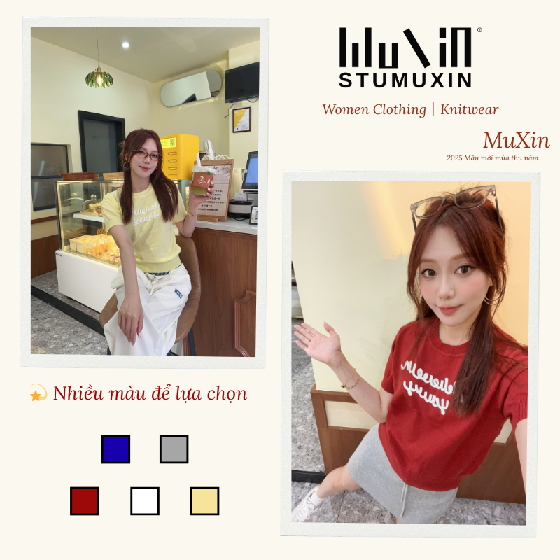 MUXIN 2025 Áo Thun Nữ Phong Cách Hàn Quốc Cổ Tròn Tay Ngắn Thêu Chữ