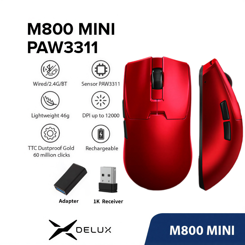 Delux Chuột chơi game Có dây 2.4G Bluetooth Không Dây M800 PRO PAW3395 DPI tối đa 26000 500MAh Có th