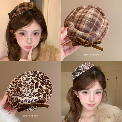 DREJEW Bộ Kẹp Tóc Hình Nón Da Báo & Kẻ Sọc Nhung, Phụ Kiện Tóc Cute Cho Nữ Thu Đông