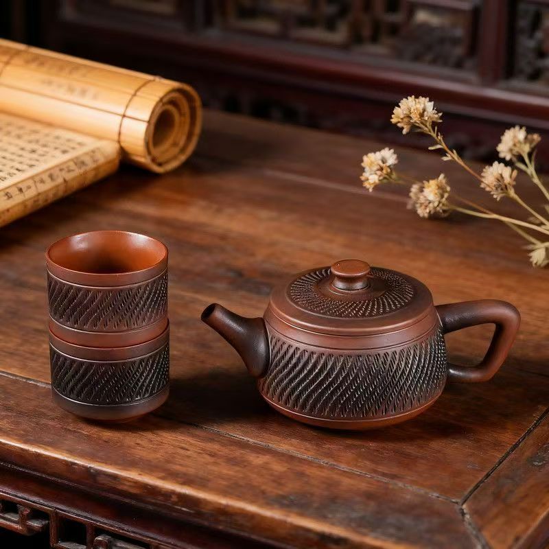 Đồ gốm màu tím Hoàn toàn bằng tay Họa tiết dao Hanwa Pot Fengming Pot Dung tích lớn Nồi gốm màu tím 