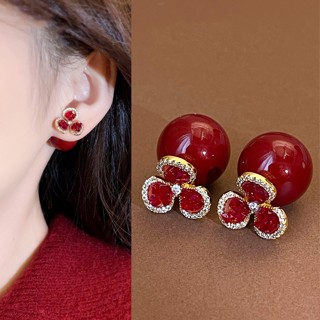 Bông tai hoa đỏ cổ điển cao cấp, phù hợp cho lễ hội năm mới