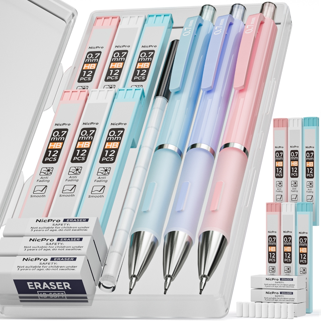 Nicpro 3 CÁI Bộ bút chì cơ Pastel 0,7mm, với 6 ống nạp chì HB, tẩy 3 CÁI, tẩy tẩy tẩy - Đi kèm với v