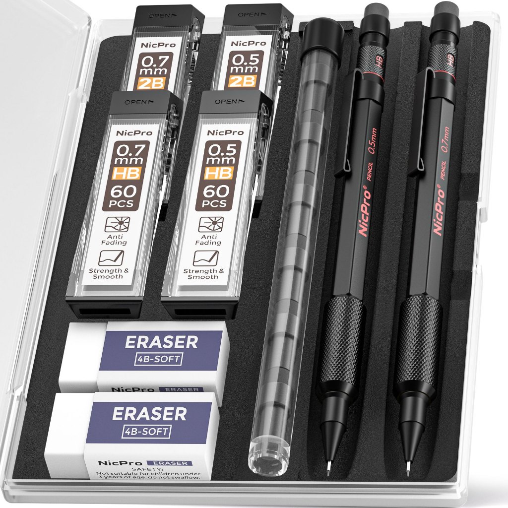 Nicpro 2 Bút Chì Cơ Kim Loại Bộ 0.5 & 0.7 mm, Bút Chì Cơ Nghệ Sĩ Chuyên Nghiệp Với 8 Ống HB Nạp Chì,