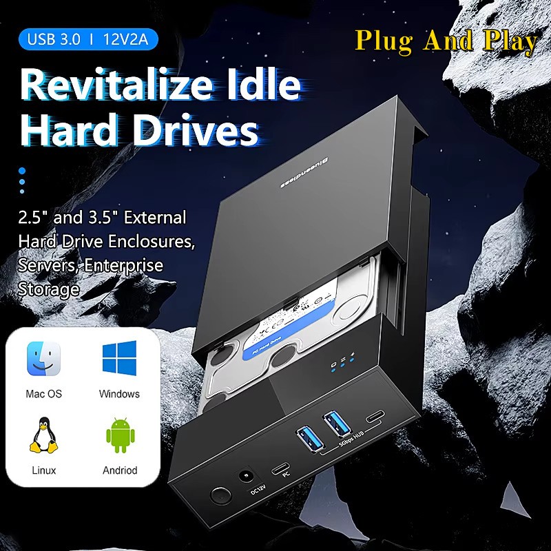 Vỏ HDD / SSD 2.5 / 3.5 '' có USB3.0 HUB Hỗ trợ Bộ chuyển đổi 20TB LOẠI C sang SATA Vỏ ổ cứng không c
