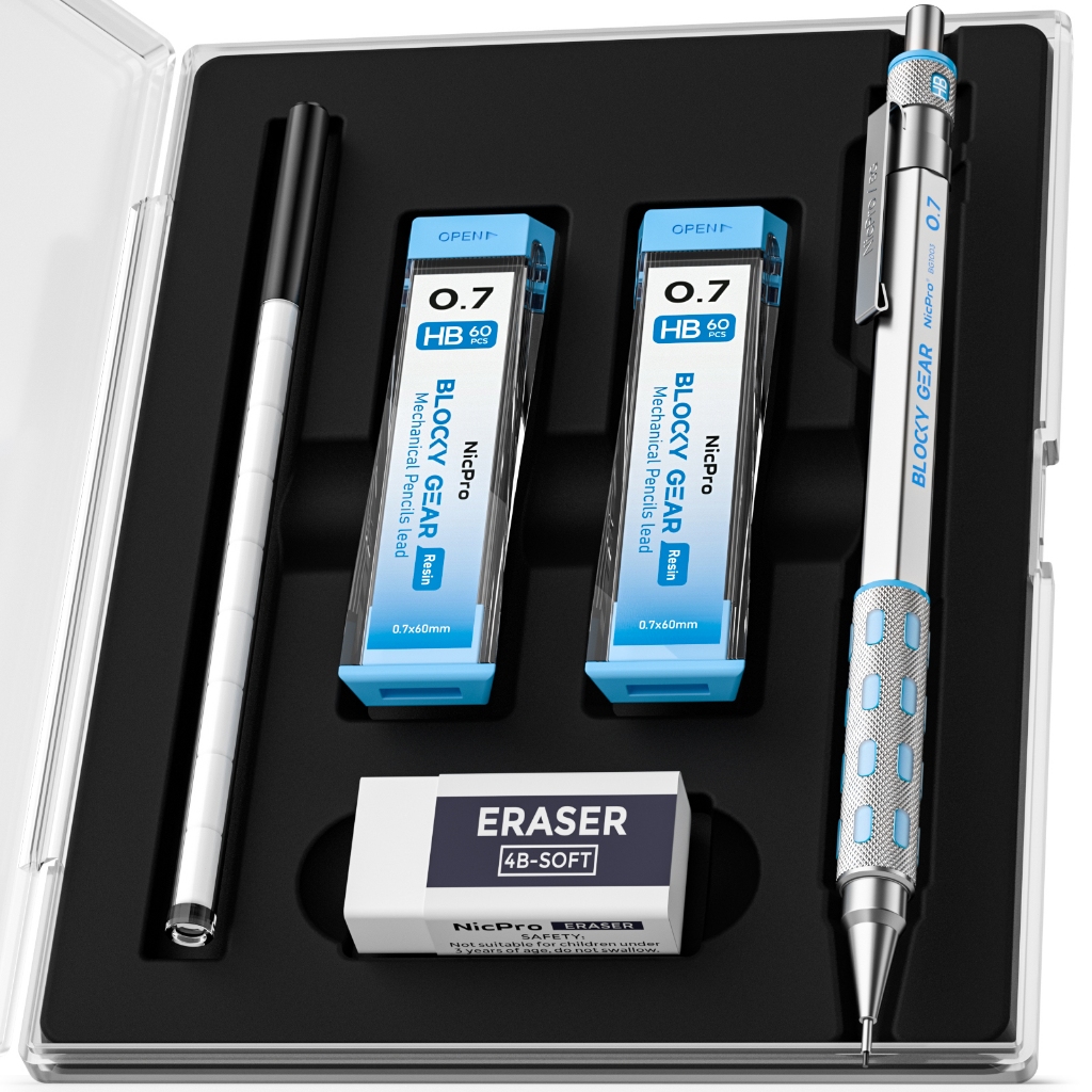 Bộ bút chì cơ khí Nicpro Blocky Gear 0,7 mm, bút chì kim loại có chì nạp lại, tẩy để vẽ soạn thảo ng