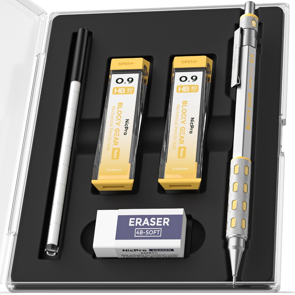Bộ bút chì cơ khí Nicpro Blocky Gear 0,9 mm, bút chì kim loại có nạp chì HB 0,9mm, tẩy để vẽ soạn th