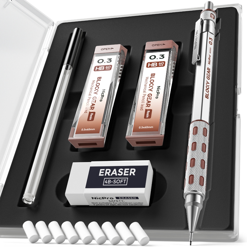Nicpro Blocky Gear 0.30.5 / 0.7 / 0.9mm Bộ bút chì cơ khí, Bút chì kim loại có chì nạp lại, Tẩy để v