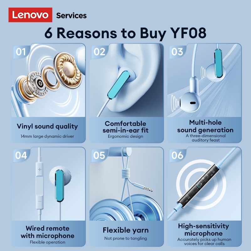 Tai nghe có dây Lenovo YF08 và tai nghe bán trong tai với trình điều khiển động lớn 14mm và micrô HD cộng với cáp miễn phí TPE | BigBuy360 - bigbuy360.vn