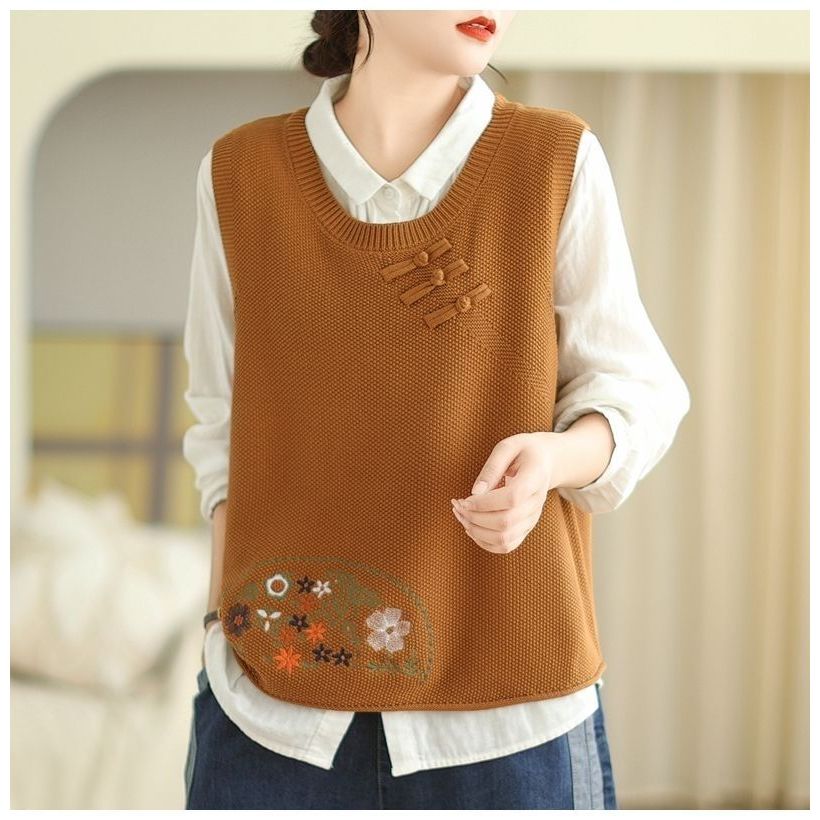 Keey Nữ Thêu Hoa Retro Khóa Đan Vest K163