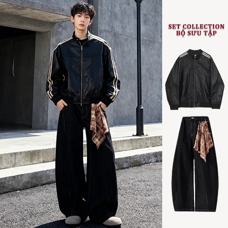 Áo khoác da nam maillard đen cao cấp boxy croptop áo da bomber dài tay cổ trụ Leather Jacket phong c