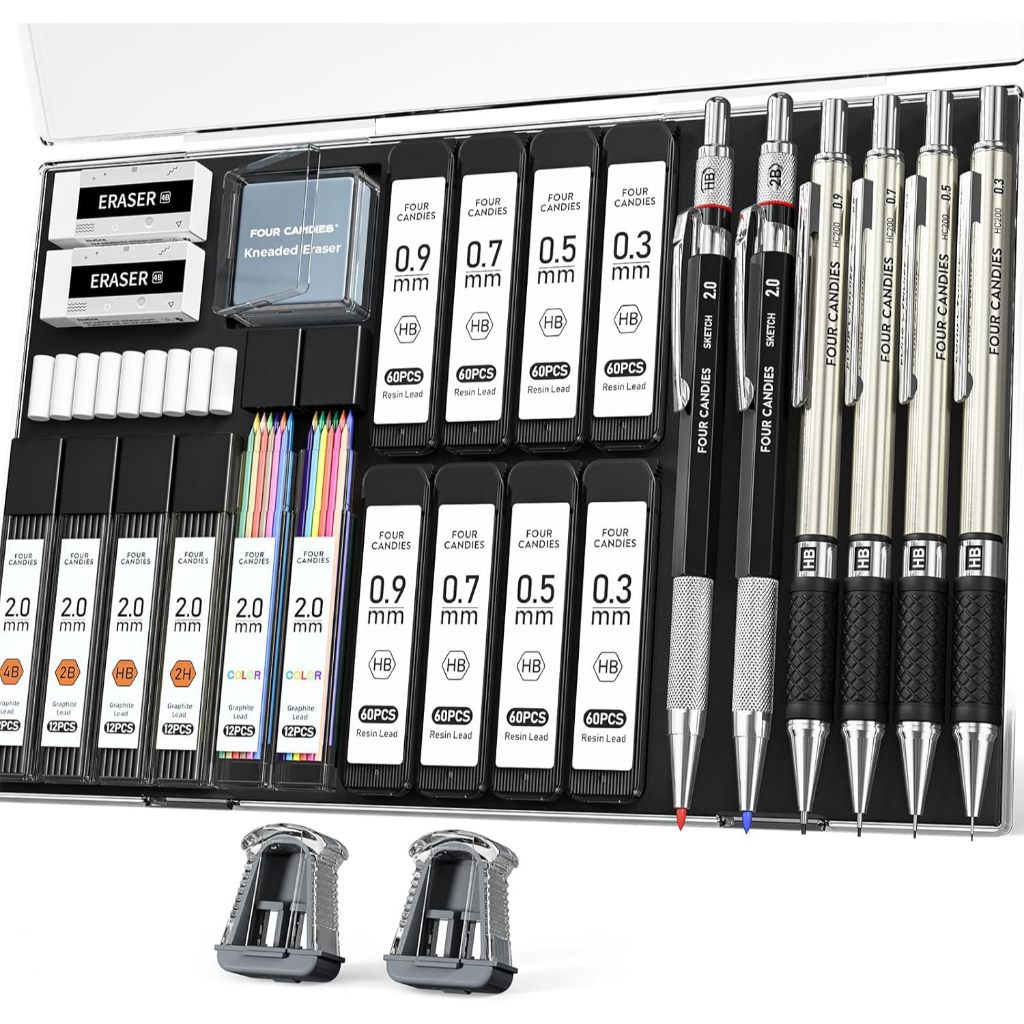 Four Candies Bộ bút chì cơ khí nghệ thuật quà tặng cho trẻ em chuyên dụng cho kỳ thi cỡ ngòi 0.5 0.7