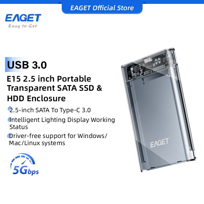 EAGET E15 2.5 inch SATA SSD & HDD Vỏ di động trong suốt có màn hình đèn thông minh (5Gbps) | BigBuy360 - bigbuy360.vn