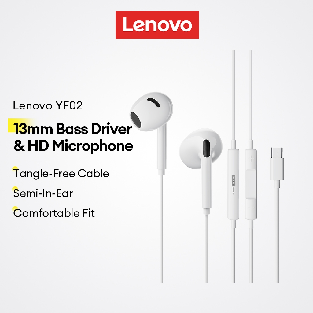 Tai nghe có dây Lenovo YF02 và tai nghe bán tai với trình điều khiển âm trầm 13mm và micrô HD cộng với cáp miễn phí rối