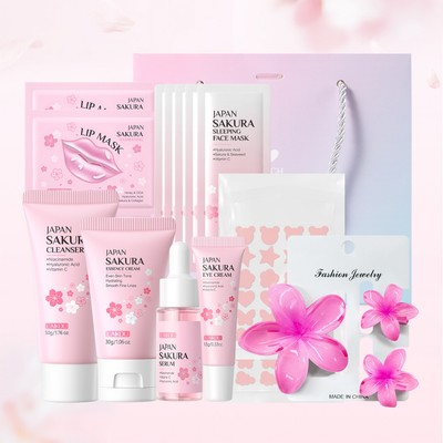 Nhận làn da thủy tinh trong suốt! Bộ chăm sóc da LAIKOU Sakura 7 chiếc Bộ dụng cụ cứu hộ - Sữa rửa lỗ chân lông, Miếng dán vết thâm & Sửa chữa qua đêm Quà tặng Giáng sinh sinh nhật