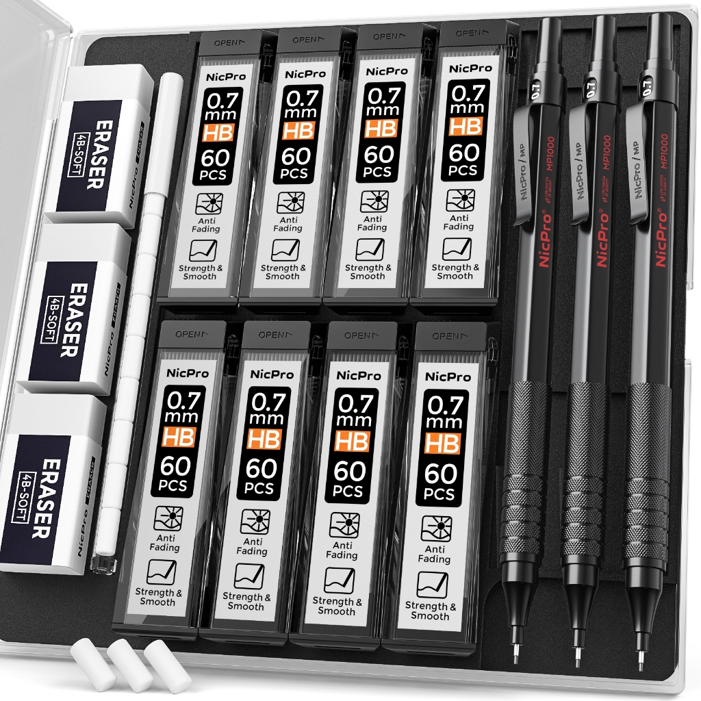 Bộ bút chì cơ khí Nicpro 0,7 mm có hộp đựng, 3 bút chì nghệ sĩ kim loại có 8 ống HB nạp chì, 3 tẩy, 