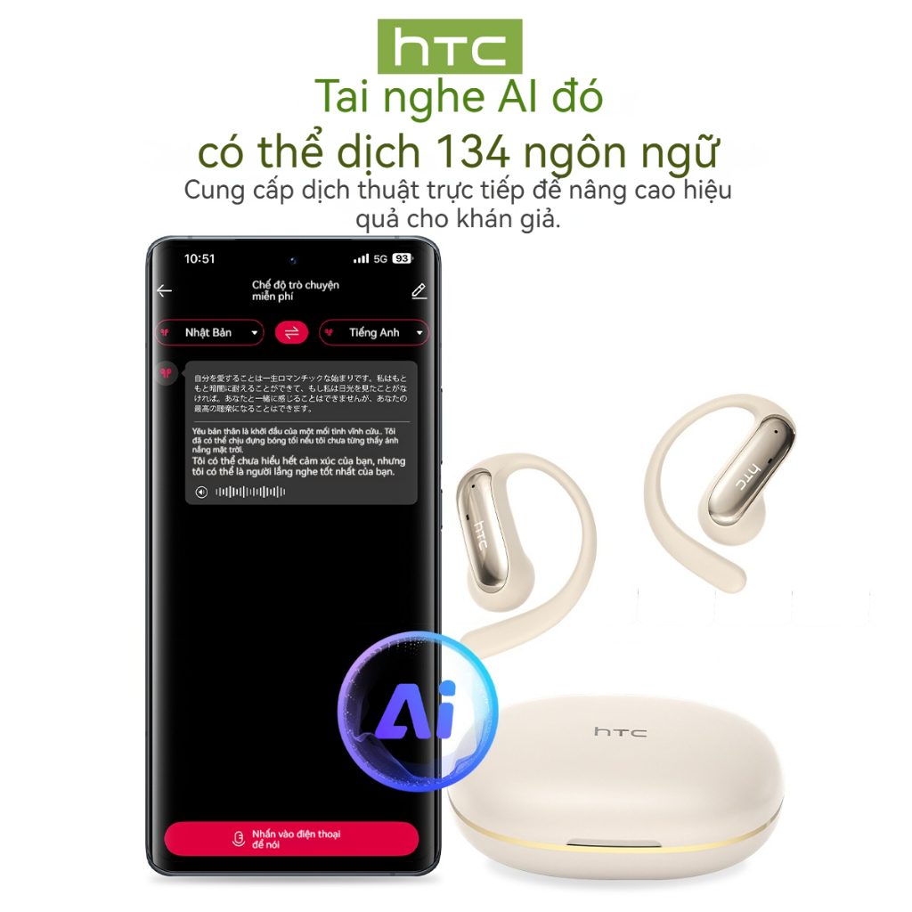 HTC NE52 Tai nghe dịch thuật AI Bluetooth 6.0 Tai Nghe Phiên Dịch AI Tai nghe Bluetooth 360°ACS Chất lượng âm thanh HIFI Chống ồn Tai nghe không dây | BigBuy360 - bigbuy360.vn