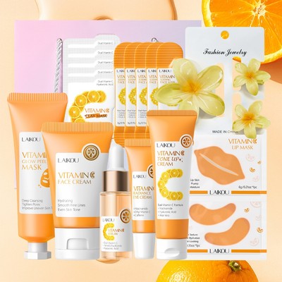 Phát sáng tức thì! LAIKOU Vitamin C Bộ 10 CÁI Bộ sưu tập với Mặt nạ lột da, Serum, Kem dưỡng da & Túi quà tặng