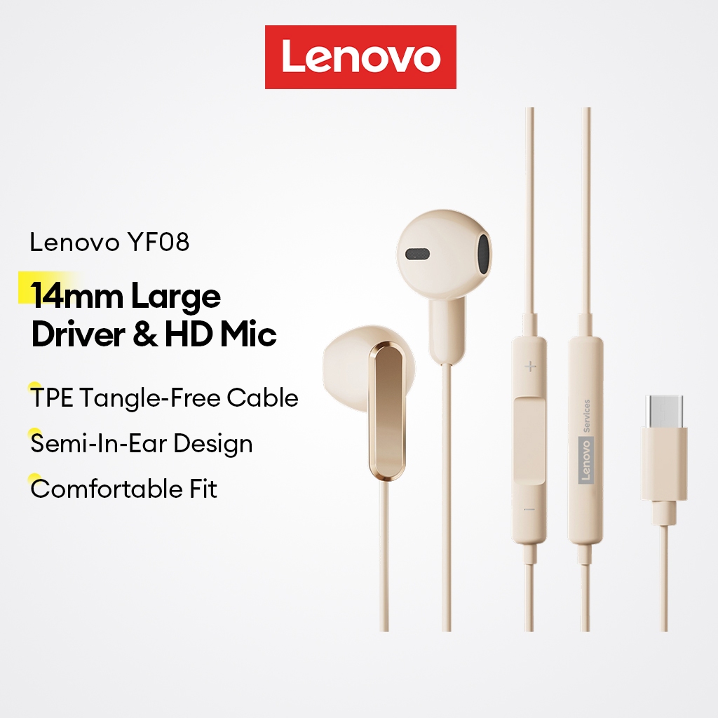 Tai nghe có dây Lenovo YF08 và tai nghe bán trong tai với trình điều khiển động lớn 14mm và micrô HD cộng với cáp miễn phí TPE
