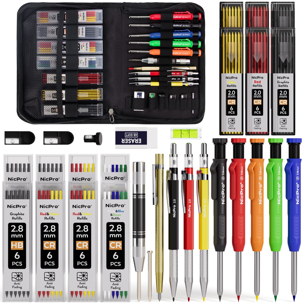 Bộ bút chì thợ mộc Nicpro 31 gói có máy mài, bút chì thợ mộc cơ khí với 128 miếng nạp lại và công cụ