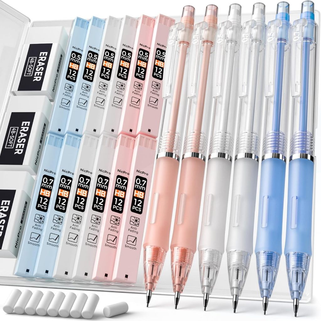 Nicpro 23 CÁI Bút chì cơ Pastel 0,5 & 0,7 mm có hộp đựng cho trường học, với 12 ống nạp chì HB, 3 tẩ