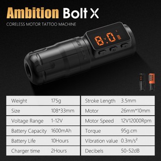 Ambition Bolt-X Tuổi thọ pin dài Bút xăm chuyên nghiệp Tuổi thọ pin dài 10 giờ