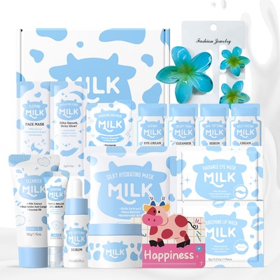 LAIKOU Complete Milk Skincare Routine: Bộ 16 món với kích thước đầy đủ & vật dụng du lịch để dưỡng ẩm, làm mềm, làm sáng da