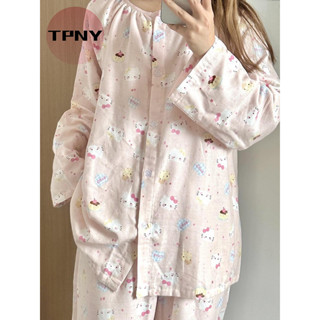   TPNY  Bộ đồ ngủ cardigan in hình nữ 2025 dài tay mới ngoài trời quần áo nhà hai mảnh 