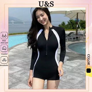   U&S đồ bơi kín đáo nữ Bikini liền mảnh bodysuit có tay khoá kéo màu đen sọc trắng form short kín đáo áo bơi dài tay bikini 1 mảnh khóa kéo thể thao bộ bơi dài tay nữ 